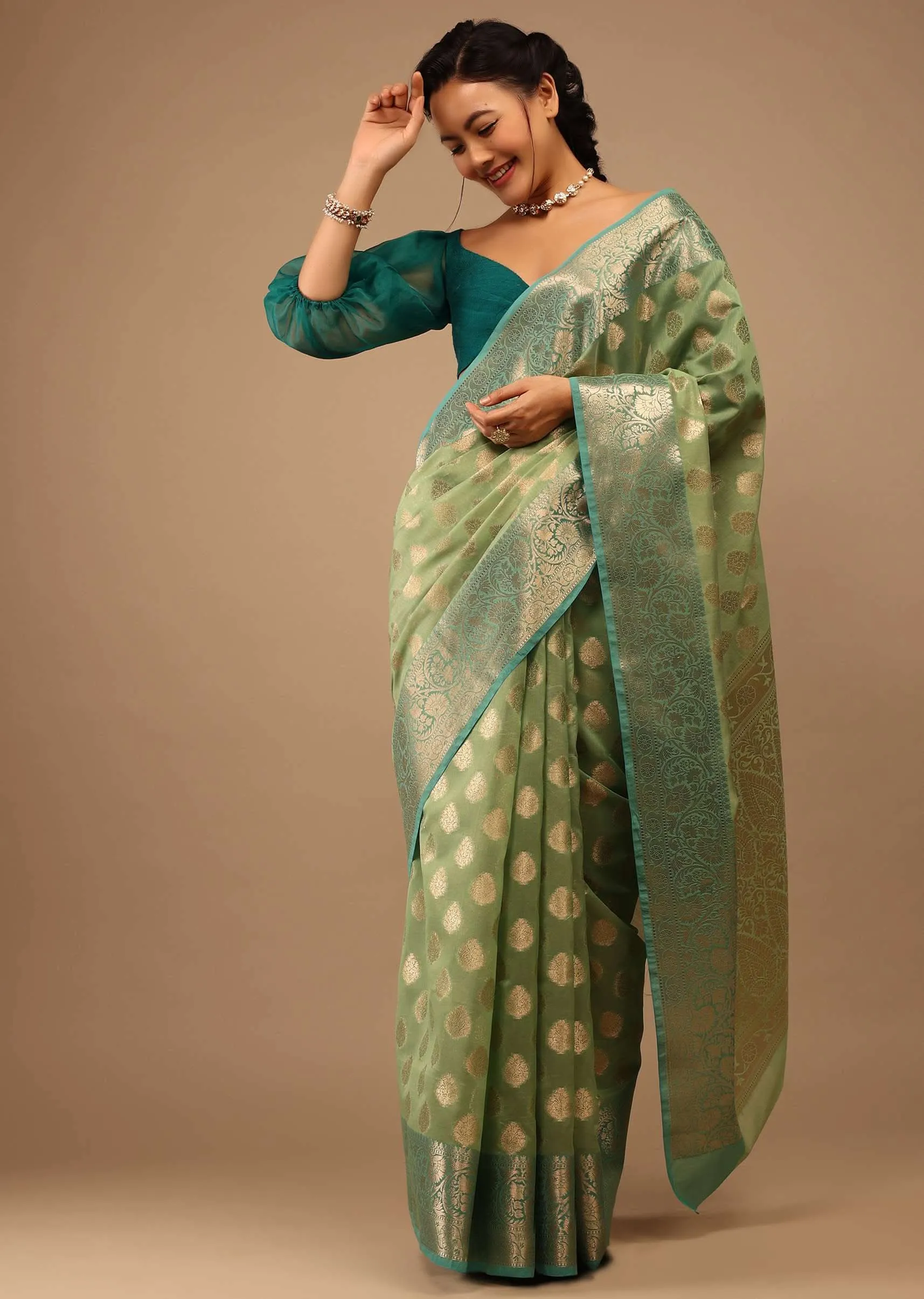 Citrus Green Saree In Banarsi Chanderi And Pure Handloom Cotton