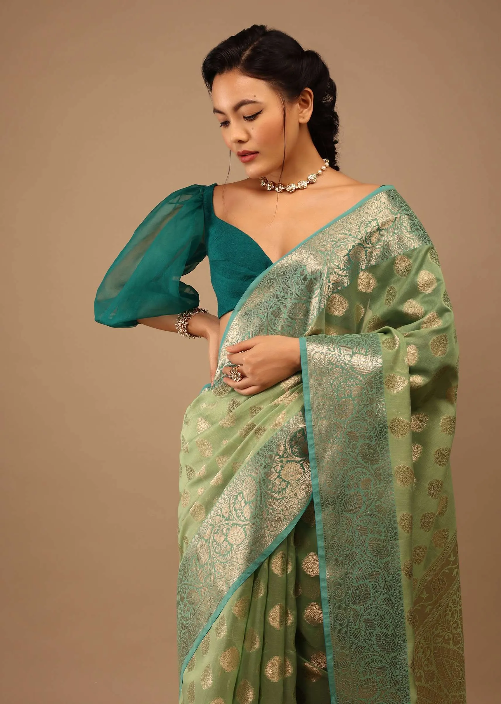 Citrus Green Saree In Banarsi Chanderi And Pure Handloom Cotton