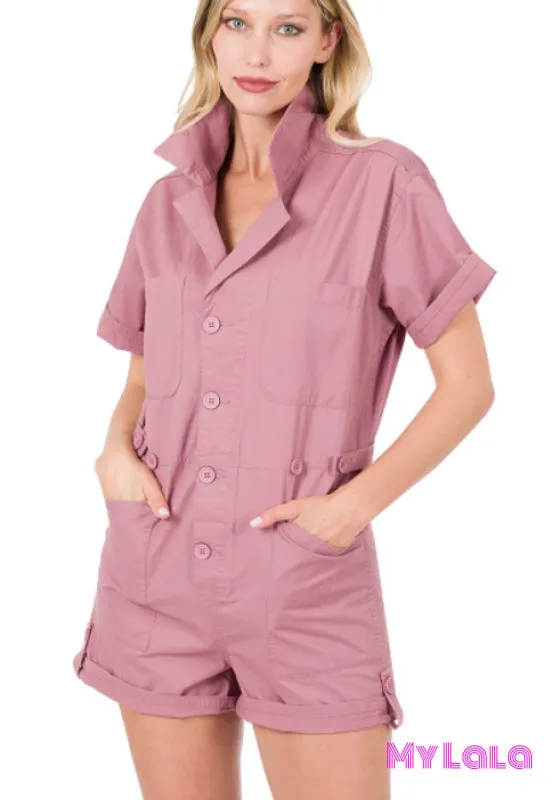 Cotton Button Up Romper (Lt Rose)