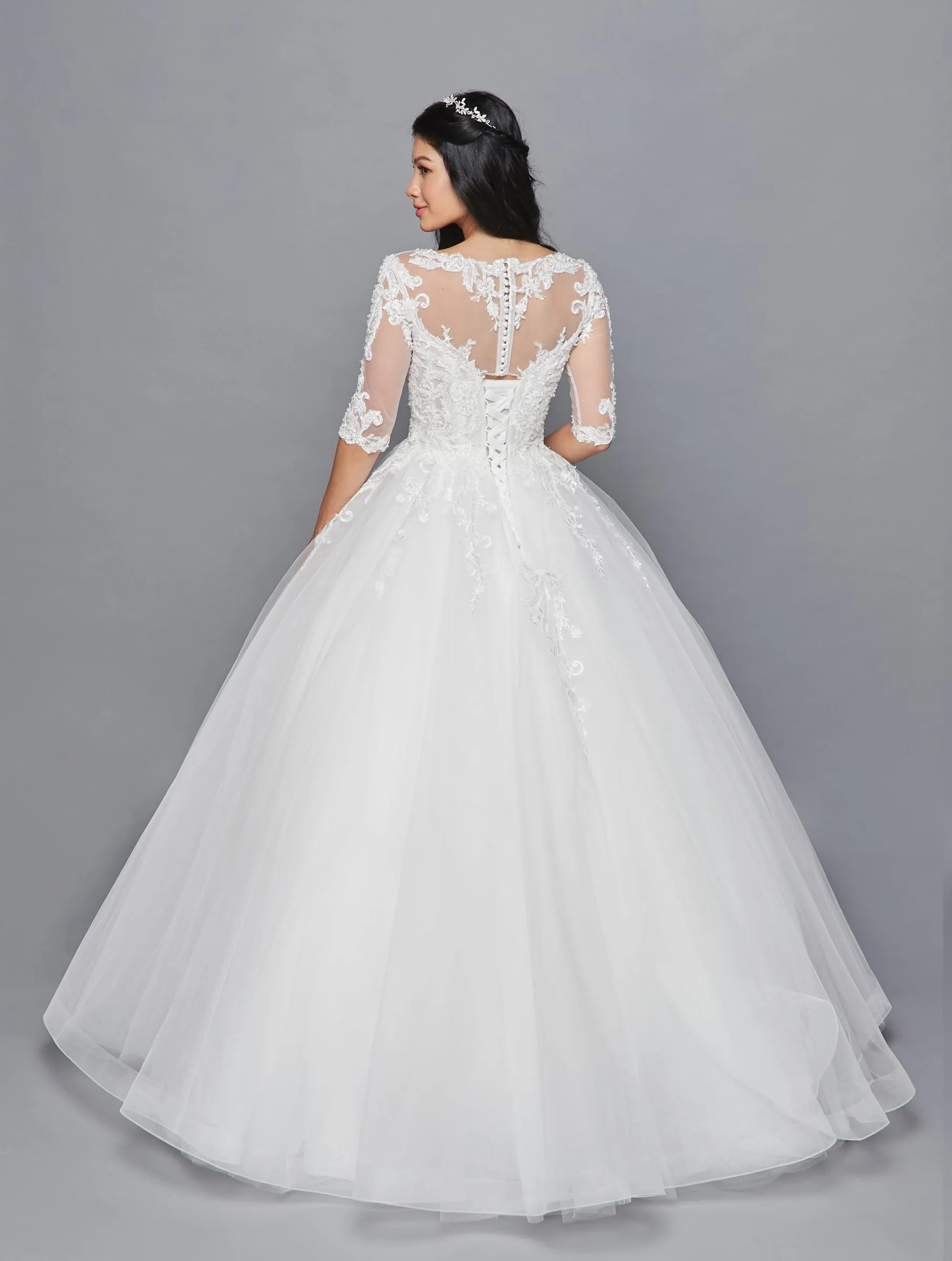 DeKlaire Bridal 421 Mid-Length Sleeve A-Line Wedding Gown Illusion Boat Neckline Beaded Lace