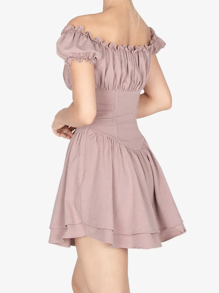 Dusty Pink Ruffled Off-the-shoulder Neckline Short Puff Sleeves Mini Dress