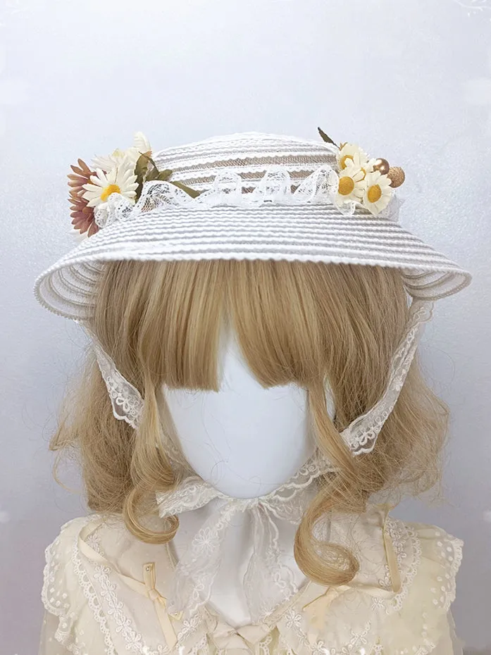 Floral Design Lace Trim White Vintage Hat