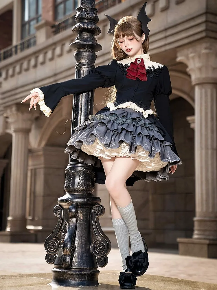 Gray Boned Waist Lolita Four Layers Tiered Ruffle Skirt