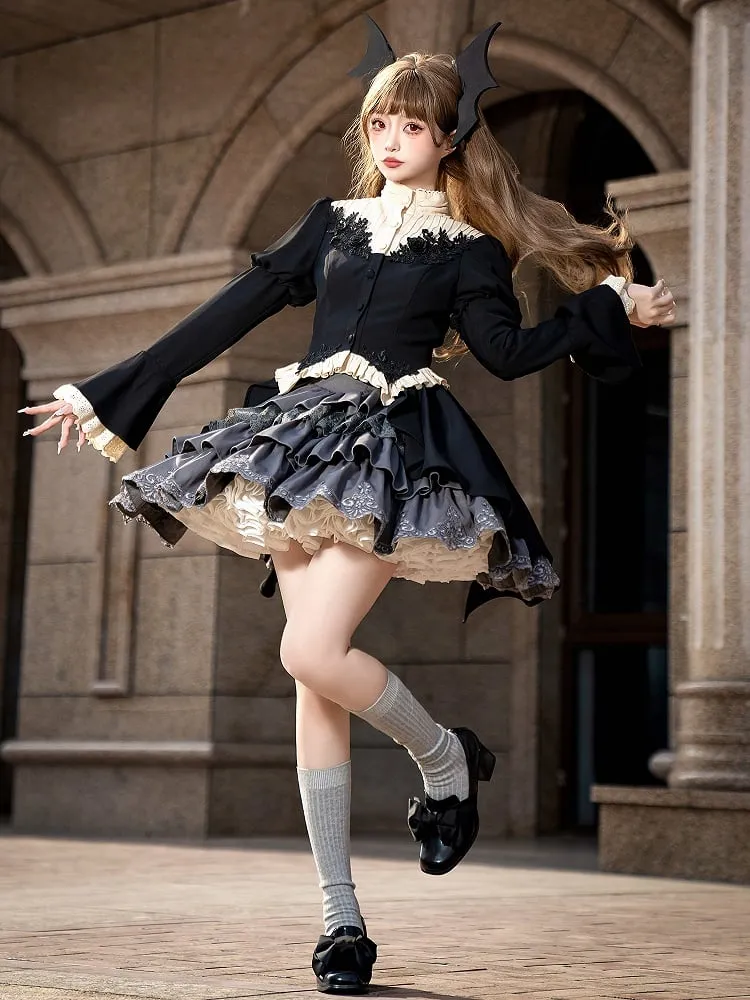 Gray Boned Waist Lolita Four Layers Tiered Ruffle Skirt