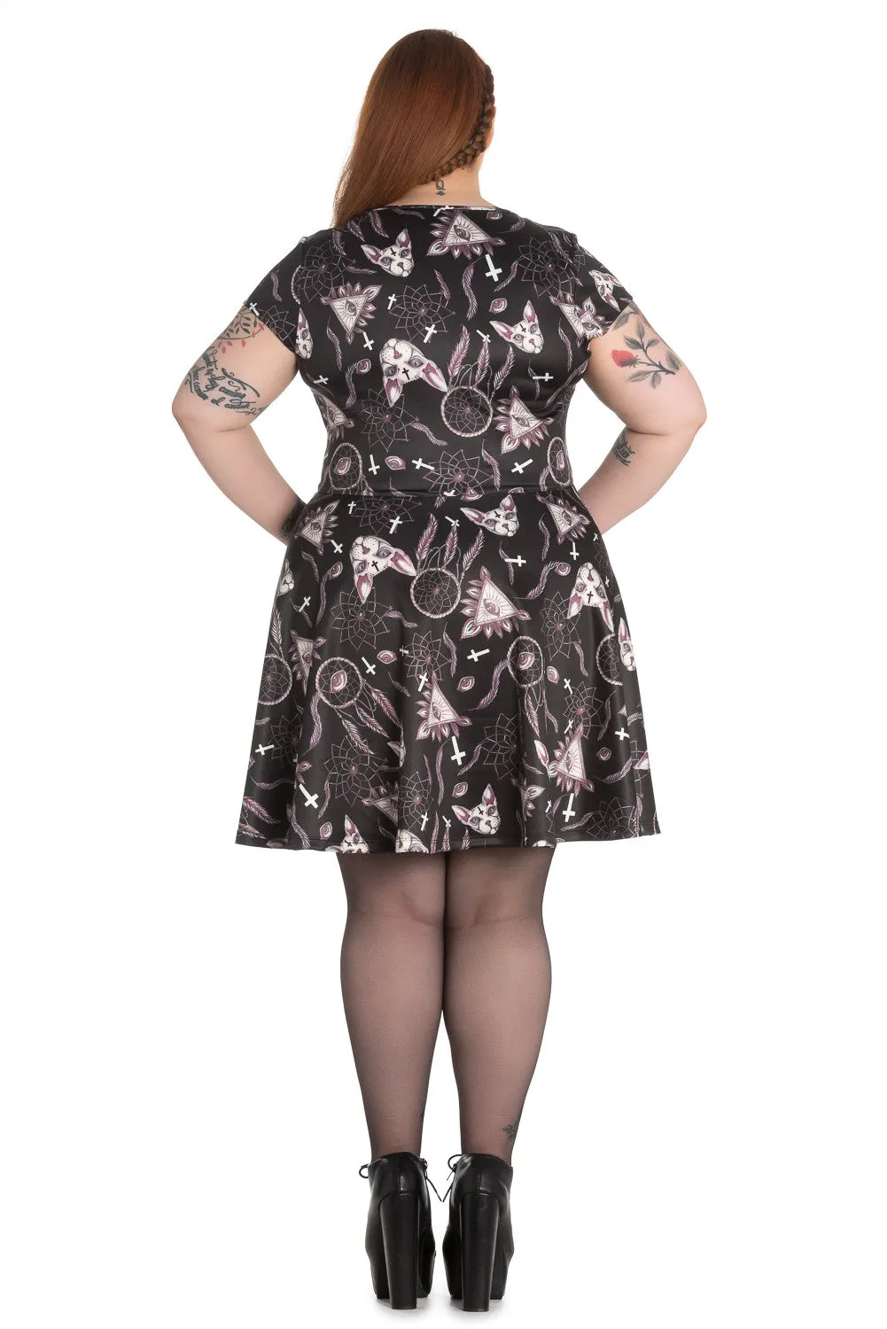 Hell Bunny Gothic Dark Side Sphynx Cat & Witchy Magic Skater Dress