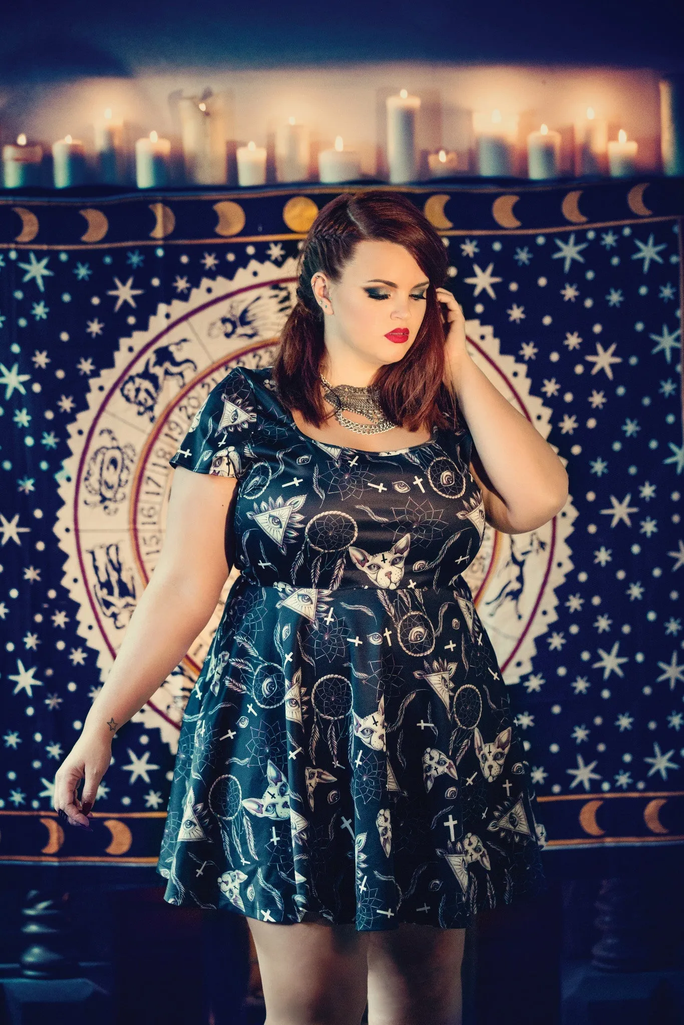 Hell Bunny Gothic Dark Side Sphynx Cat & Witchy Magic Skater Dress