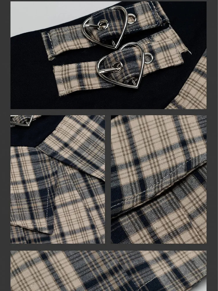Khaki/Red Buckle Straps High Waist Plaid Pleated Skirt