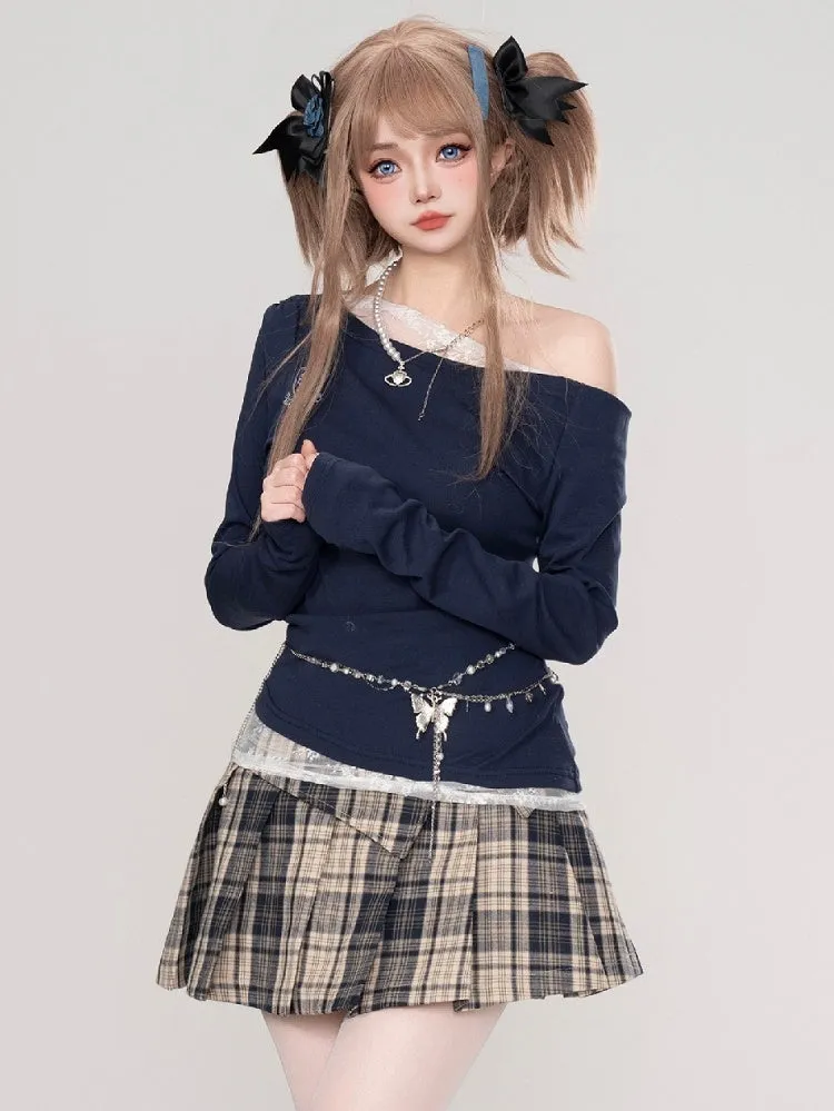 Khaki/Red Buckle Straps High Waist Plaid Pleated Skirt