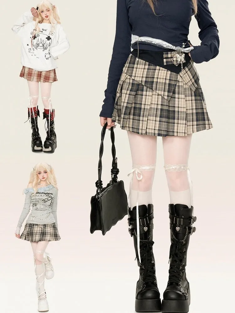 Khaki/Red Buckle Straps High Waist Plaid Pleated Skirt