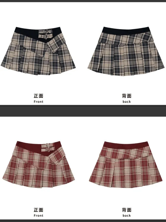 Khaki/Red Buckle Straps High Waist Plaid Pleated Skirt