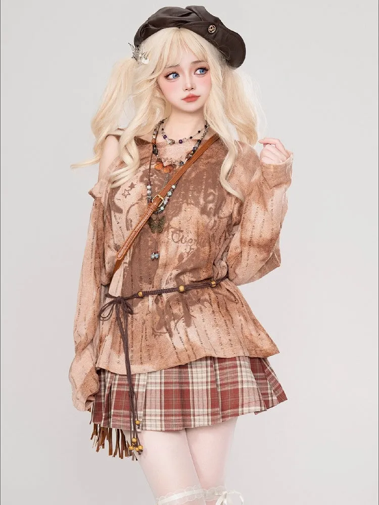 Khaki/Red Buckle Straps High Waist Plaid Pleated Skirt