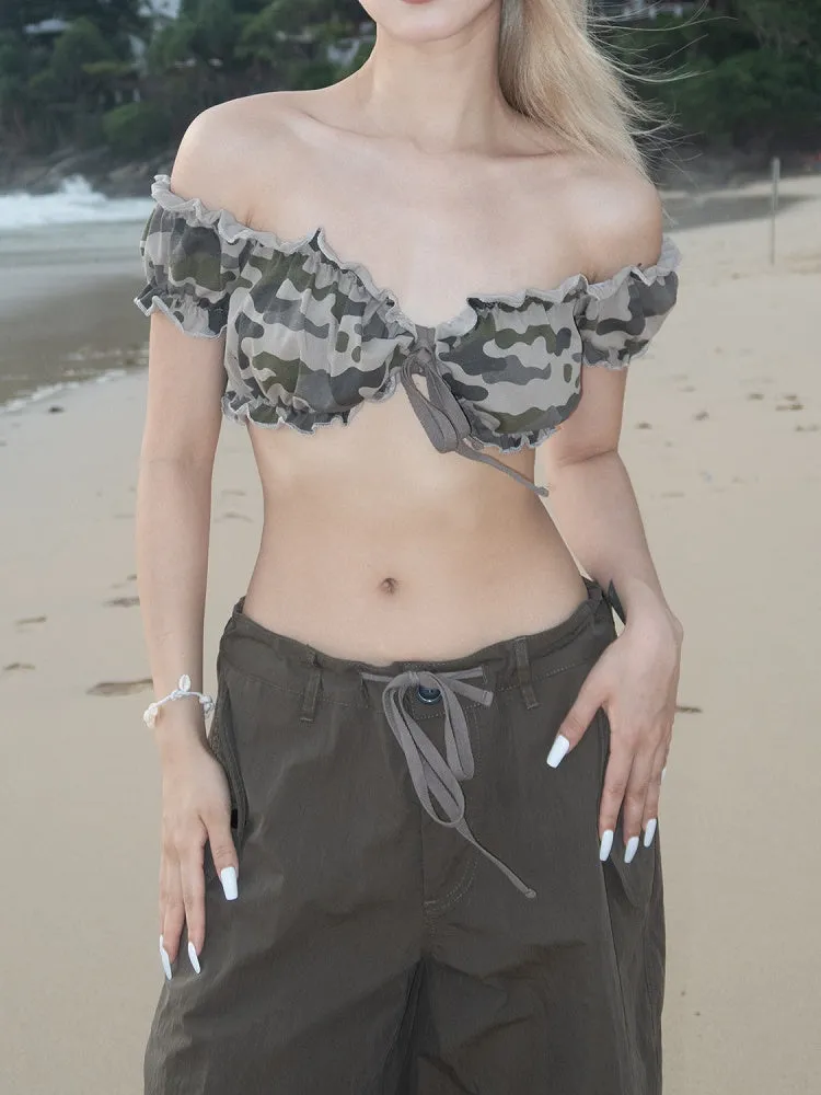 Light Camo Ruffled Trim Short Puff Sleeves Glamorous Cropped Strapless Top