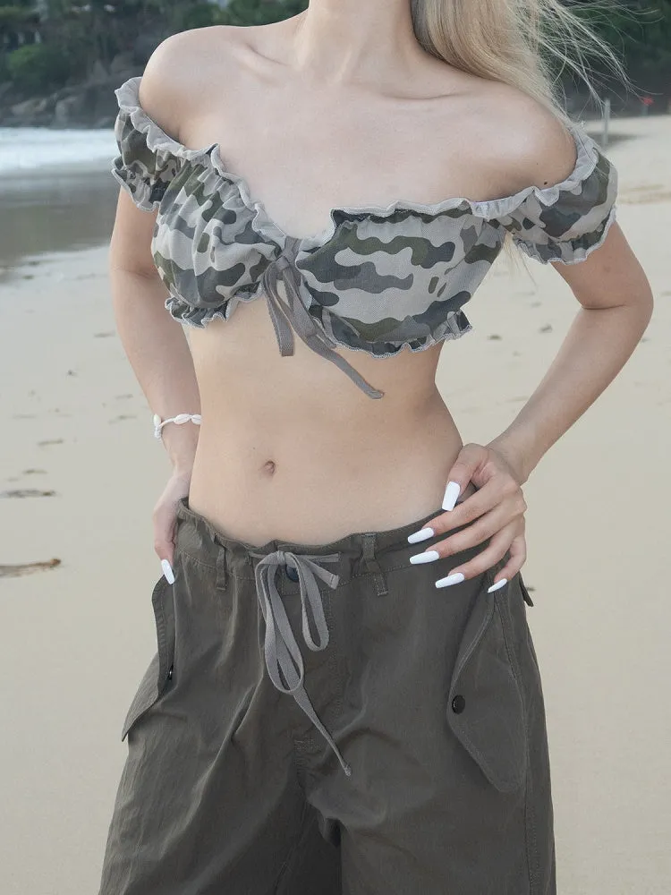 Light Camo Ruffled Trim Short Puff Sleeves Glamorous Cropped Strapless Top