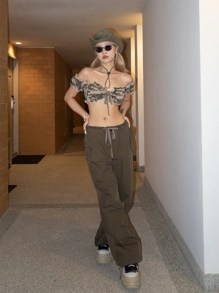 Light Camo Ruffled Trim Short Puff Sleeves Glamorous Cropped Strapless Top