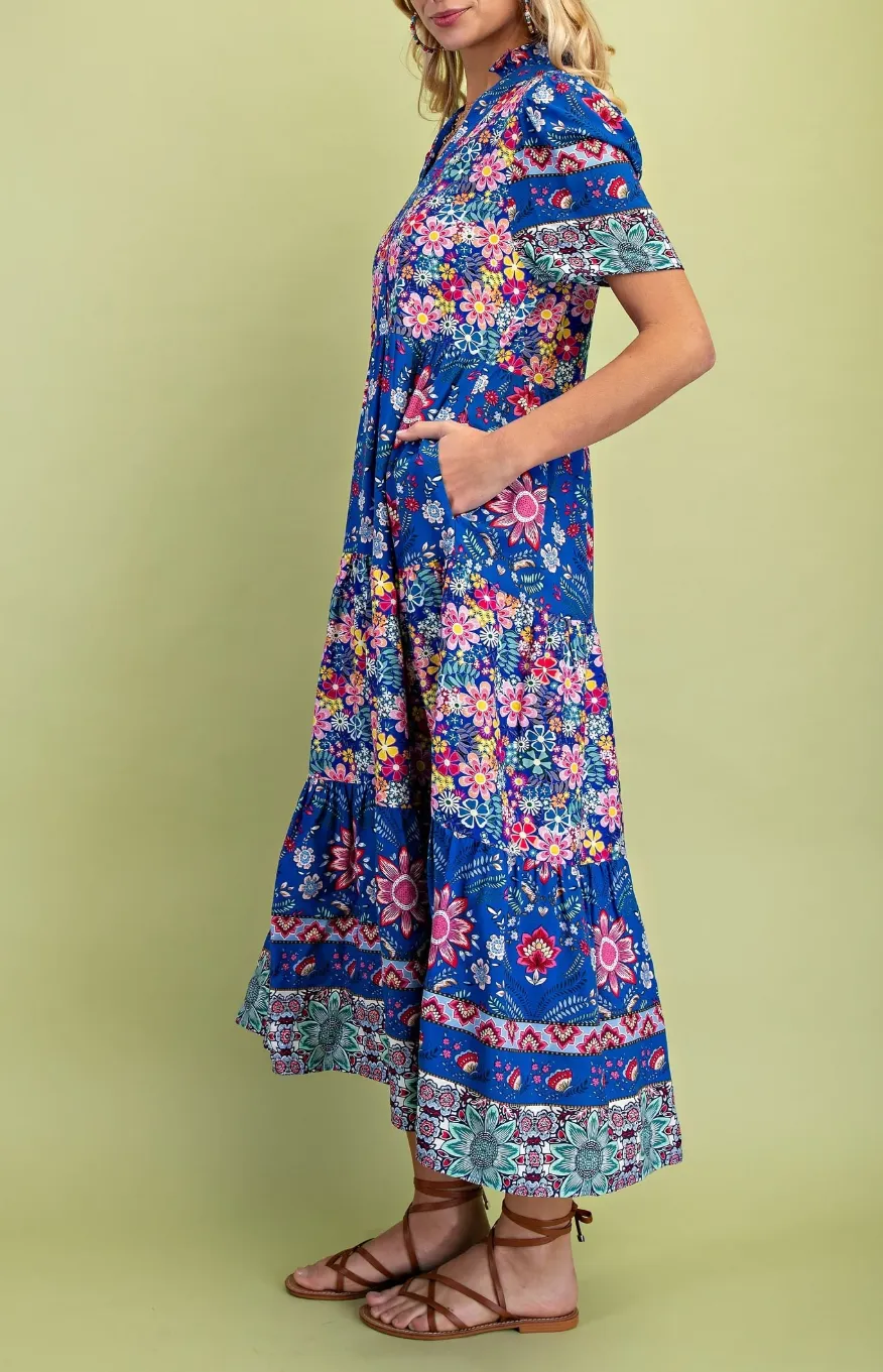 Mixed Print Tiered Midi Dress with Ruffle Neck