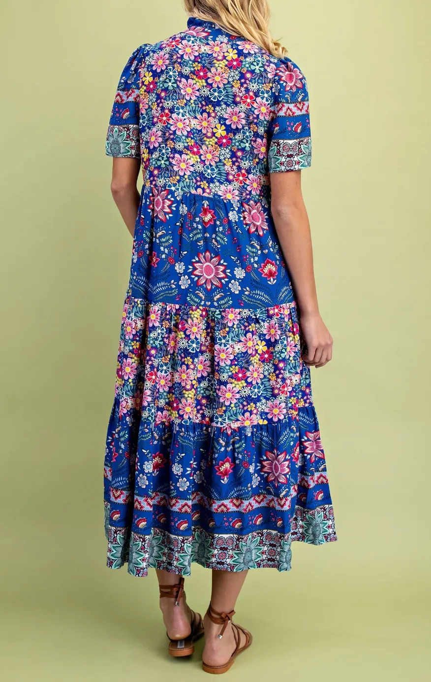 Mixed Print Tiered Midi Dress with Ruffle Neck