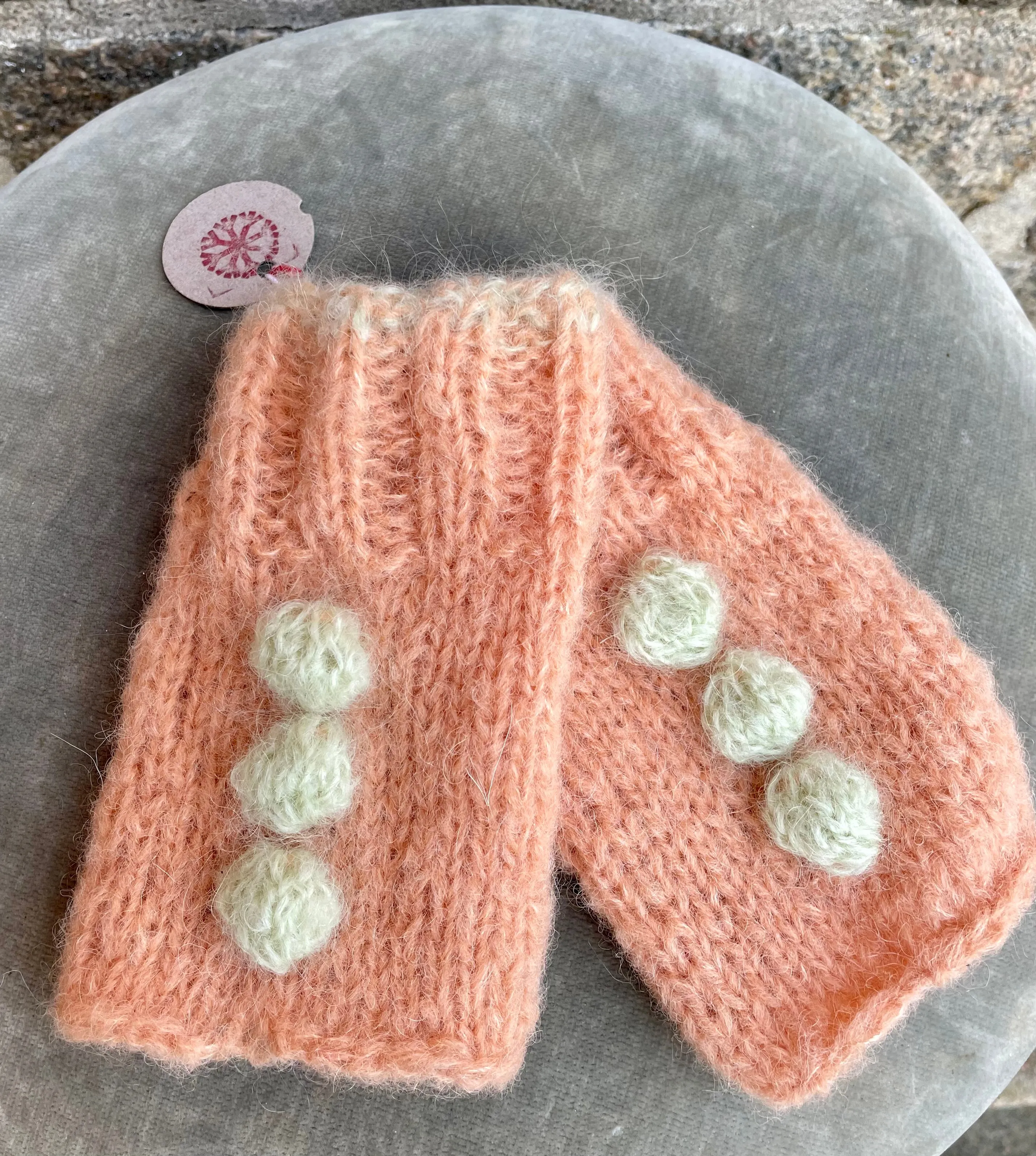 Mohair Wrist Warmers, E.L. Design - Apricot Colored W. Pastel Green Details