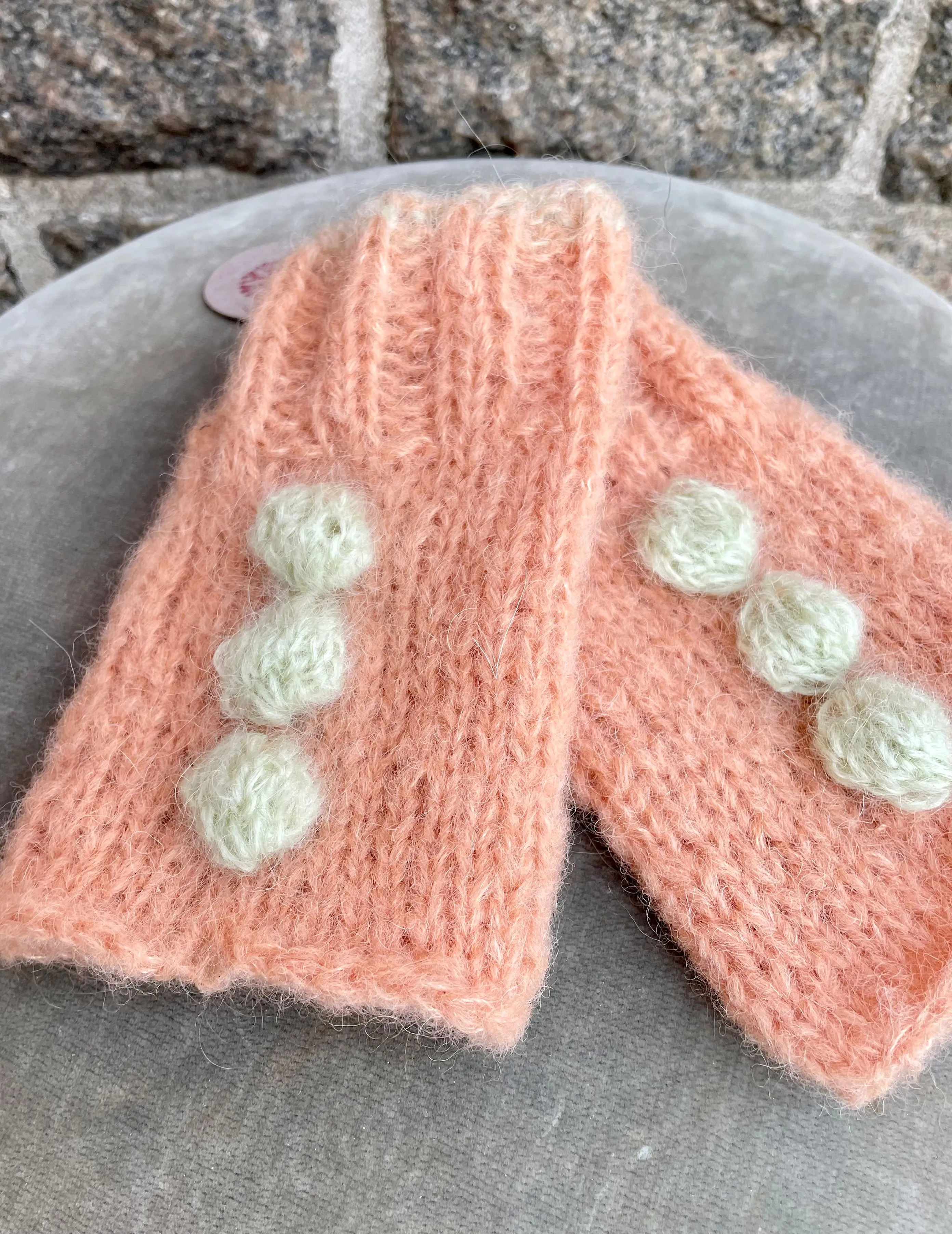 Mohair Wrist Warmers, E.L. Design - Apricot Colored W. Pastel Green Details