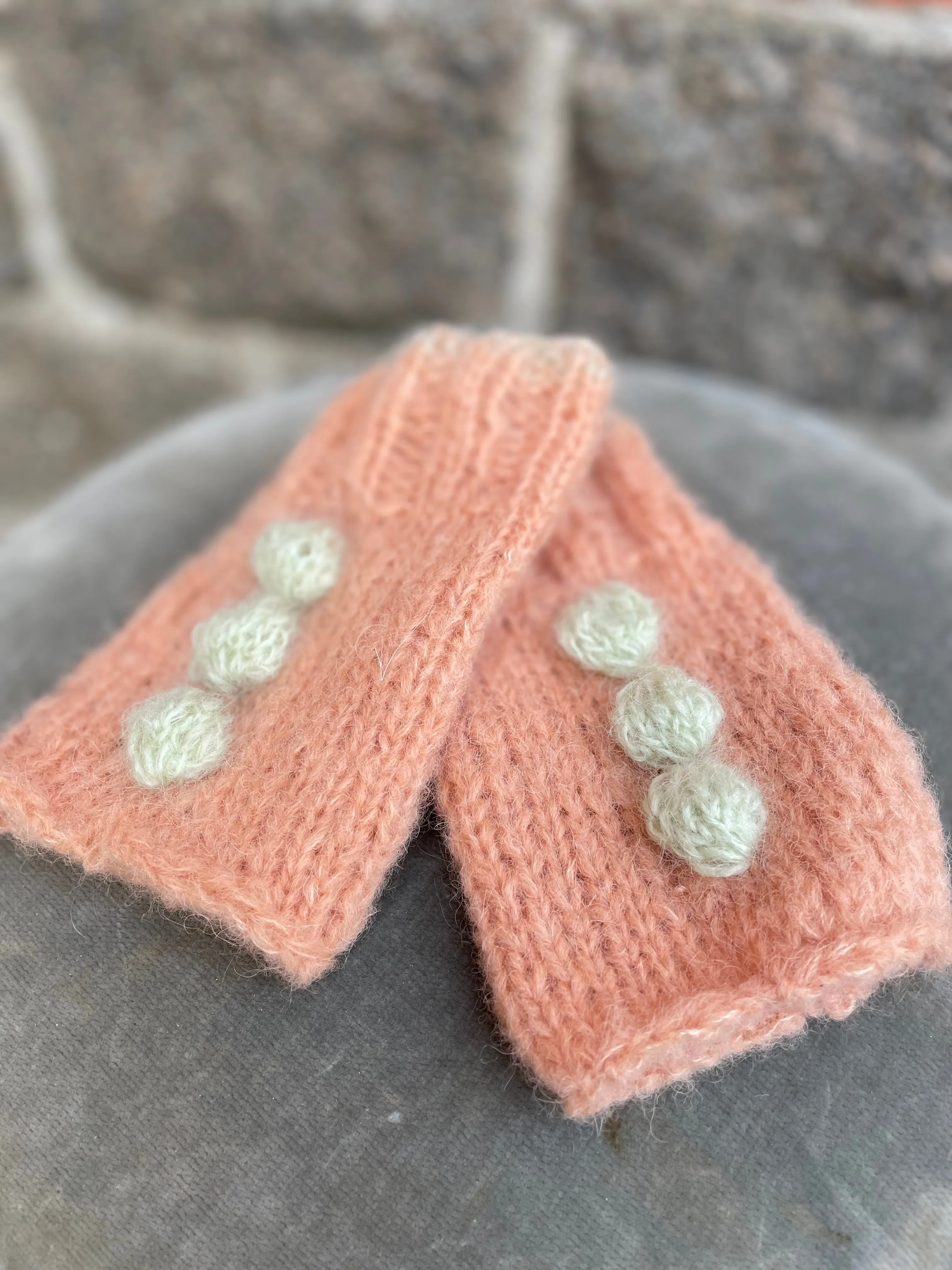 Mohair Wrist Warmers, E.L. Design - Apricot Colored W. Pastel Green Details