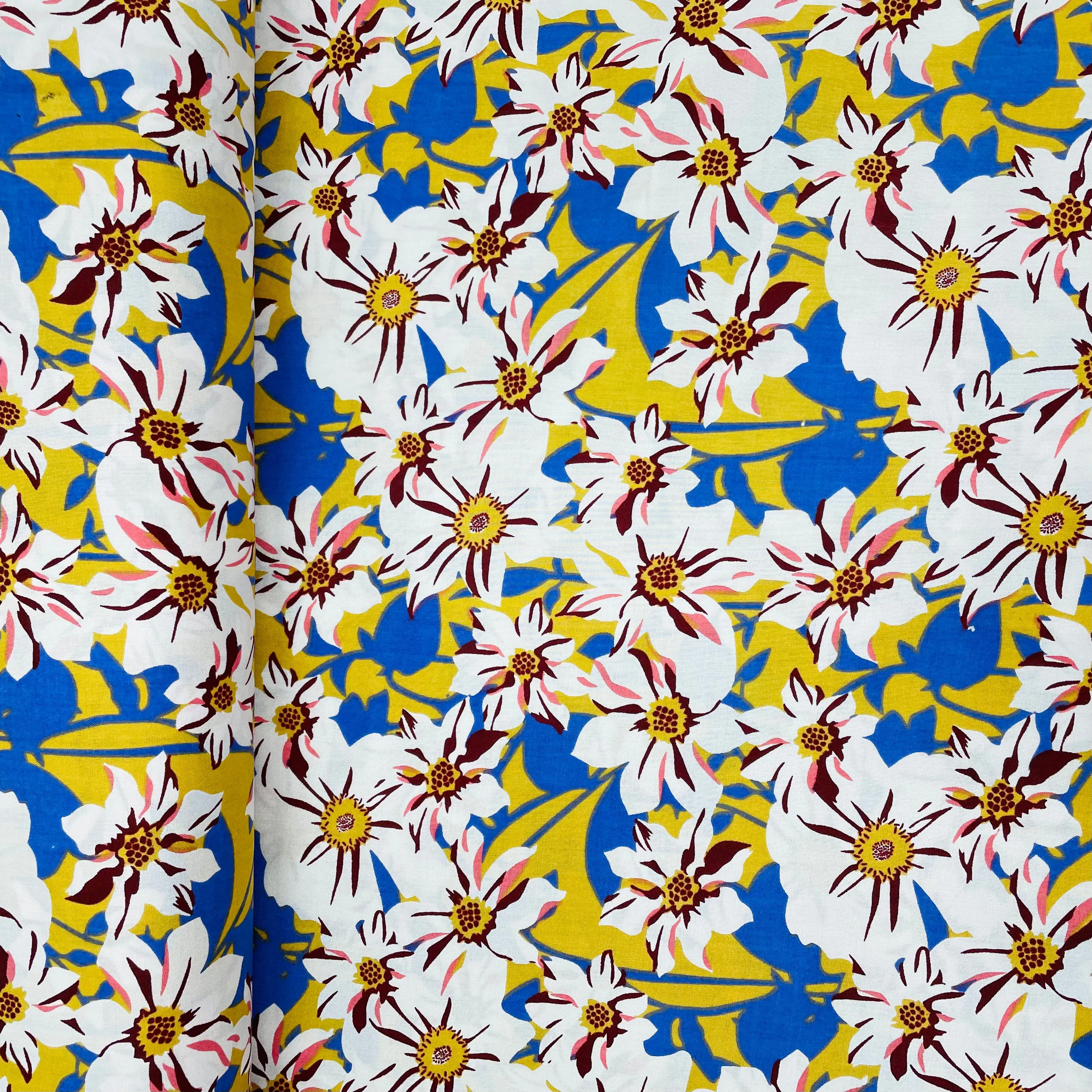 Mustard With White Floral Print Rayon Fabric