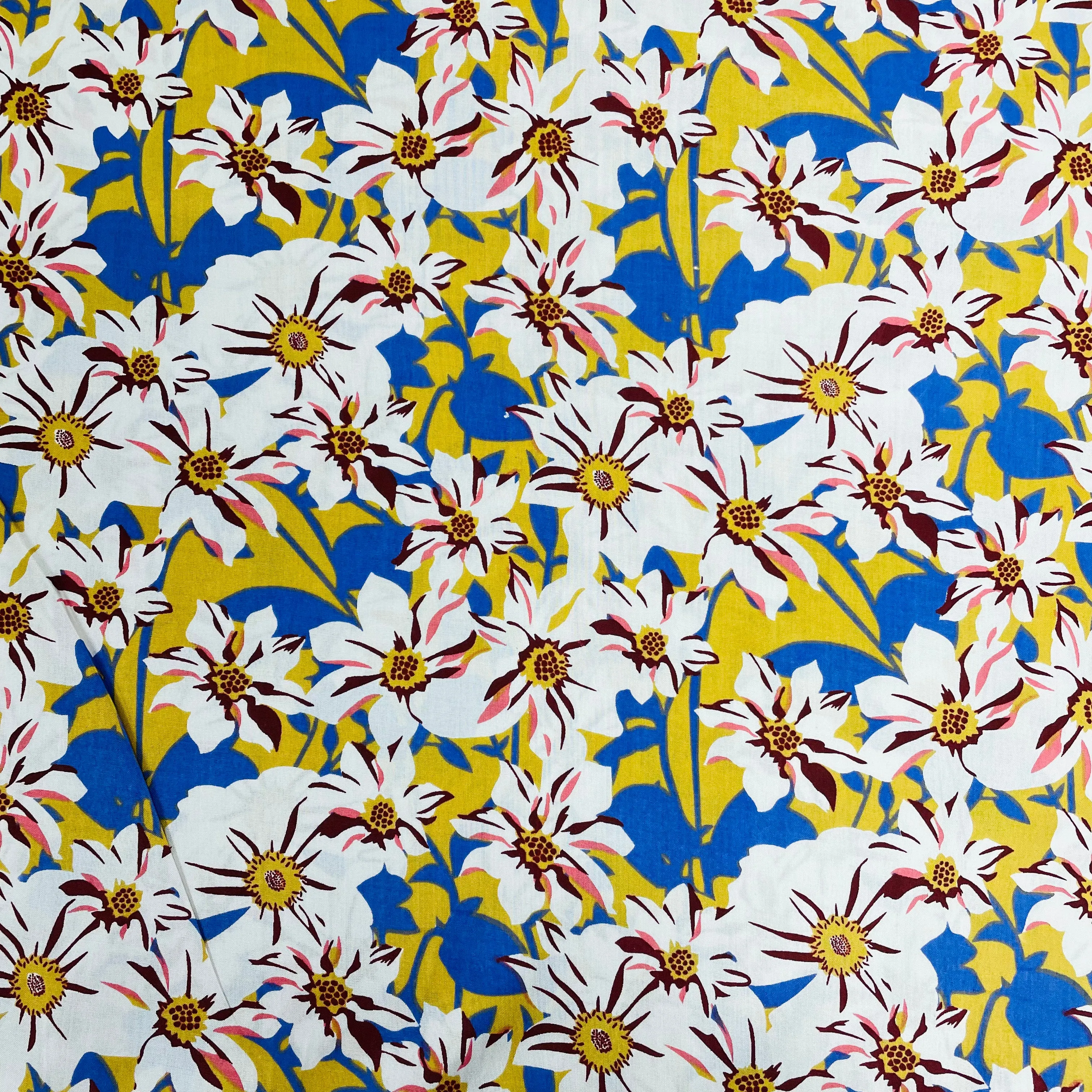 Mustard With White Floral Print Rayon Fabric
