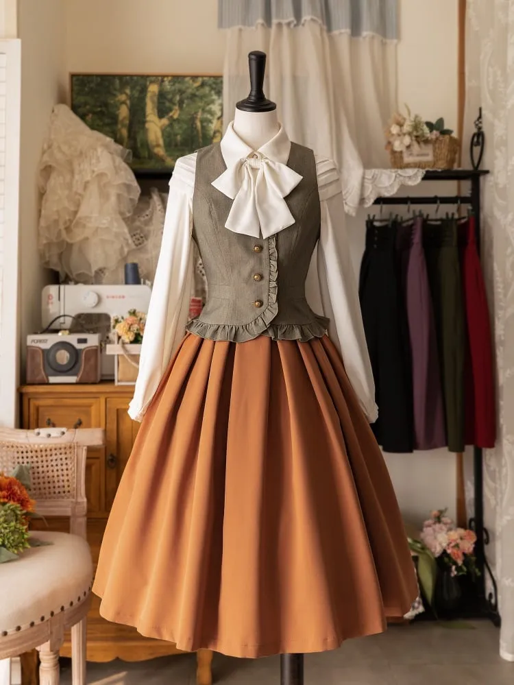 Orange High Waist Pleated Hem Lolita Skirt Lace-up and Shirring Back