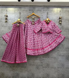 Pink Floral Block Print Cotton Chaniya Choli with Mirror Lace