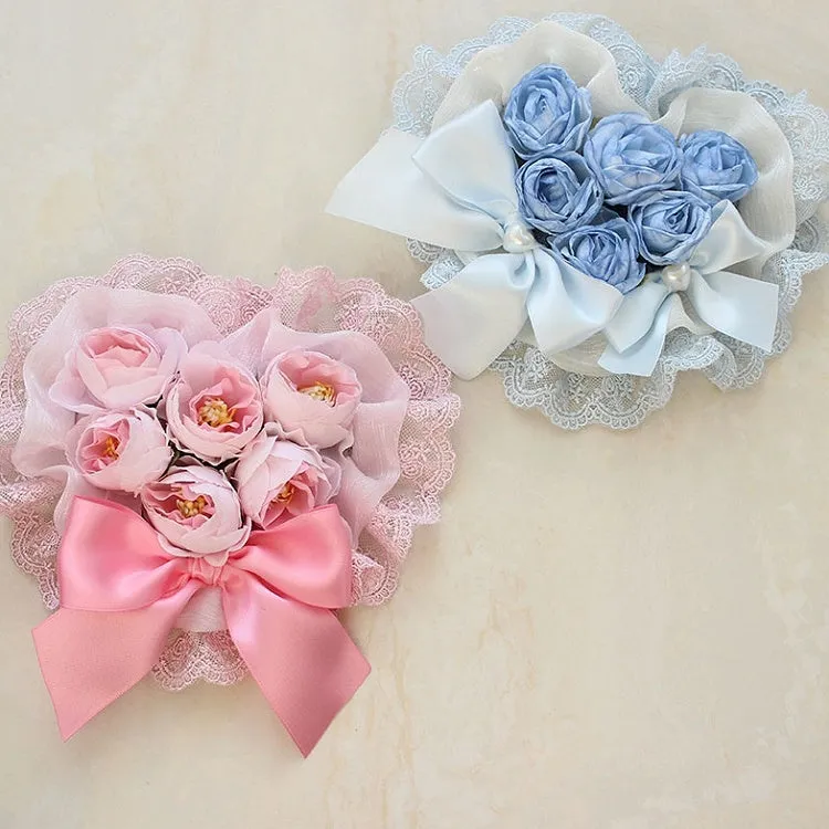 Pink Floral  Bowknot Details Lace Trim Hairclip