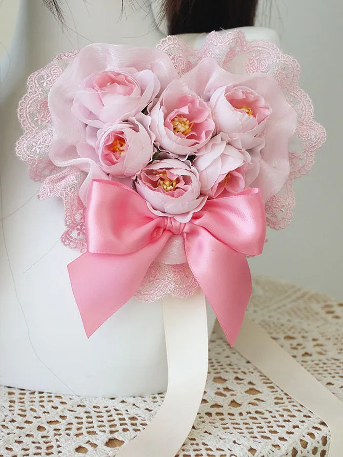 Pink Floral  Bowknot Details Lace Trim Hairclip