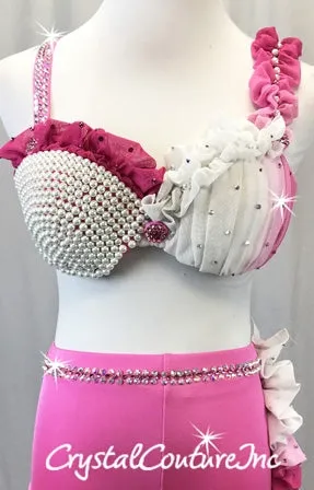 Pink, White Bra-top and Pink Trunk - Swarovski Rhinestones
