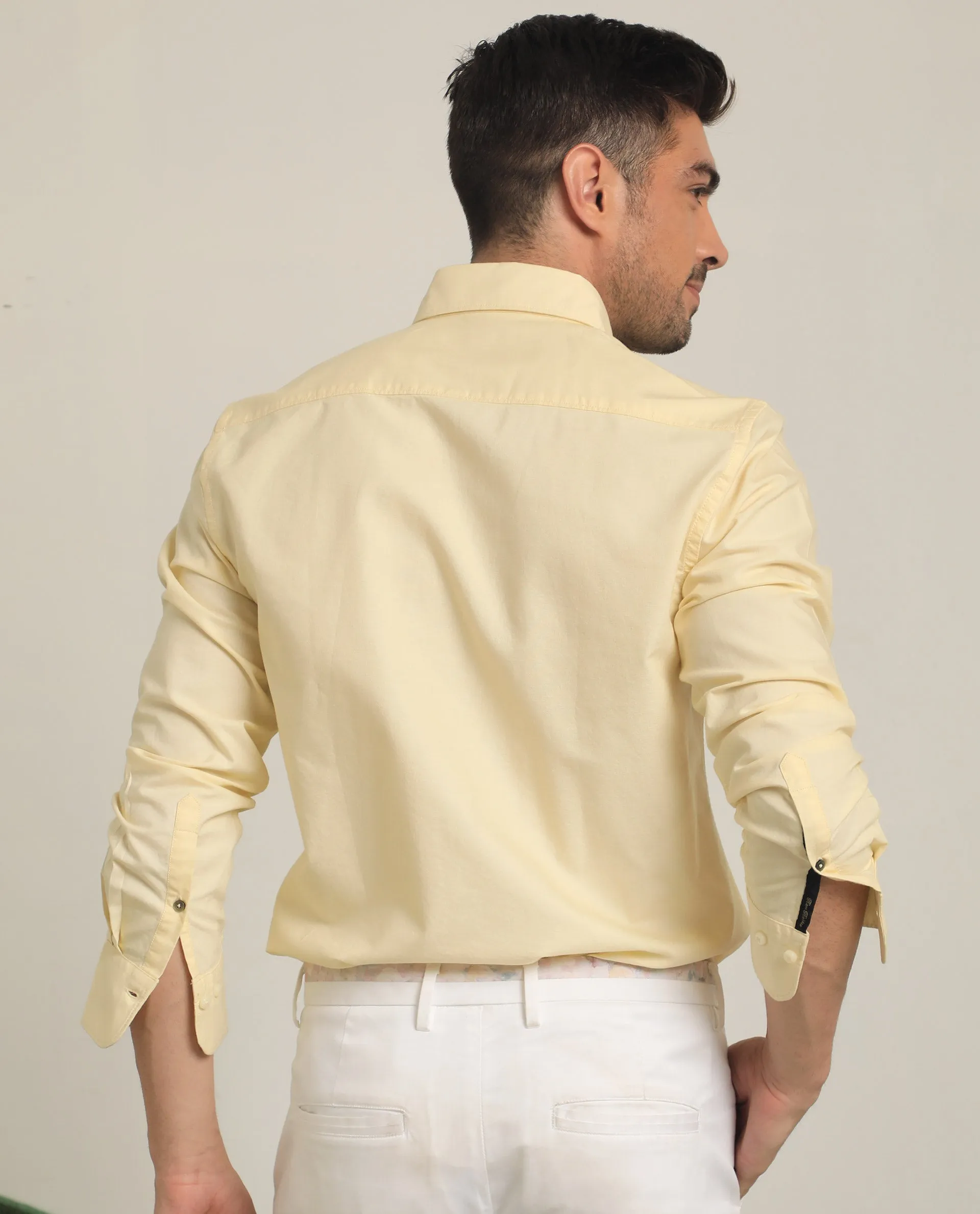 Rare Rabbit Men's Auxfo Light Yellow Cotton Fabric Full Sleeves Solid Shirt