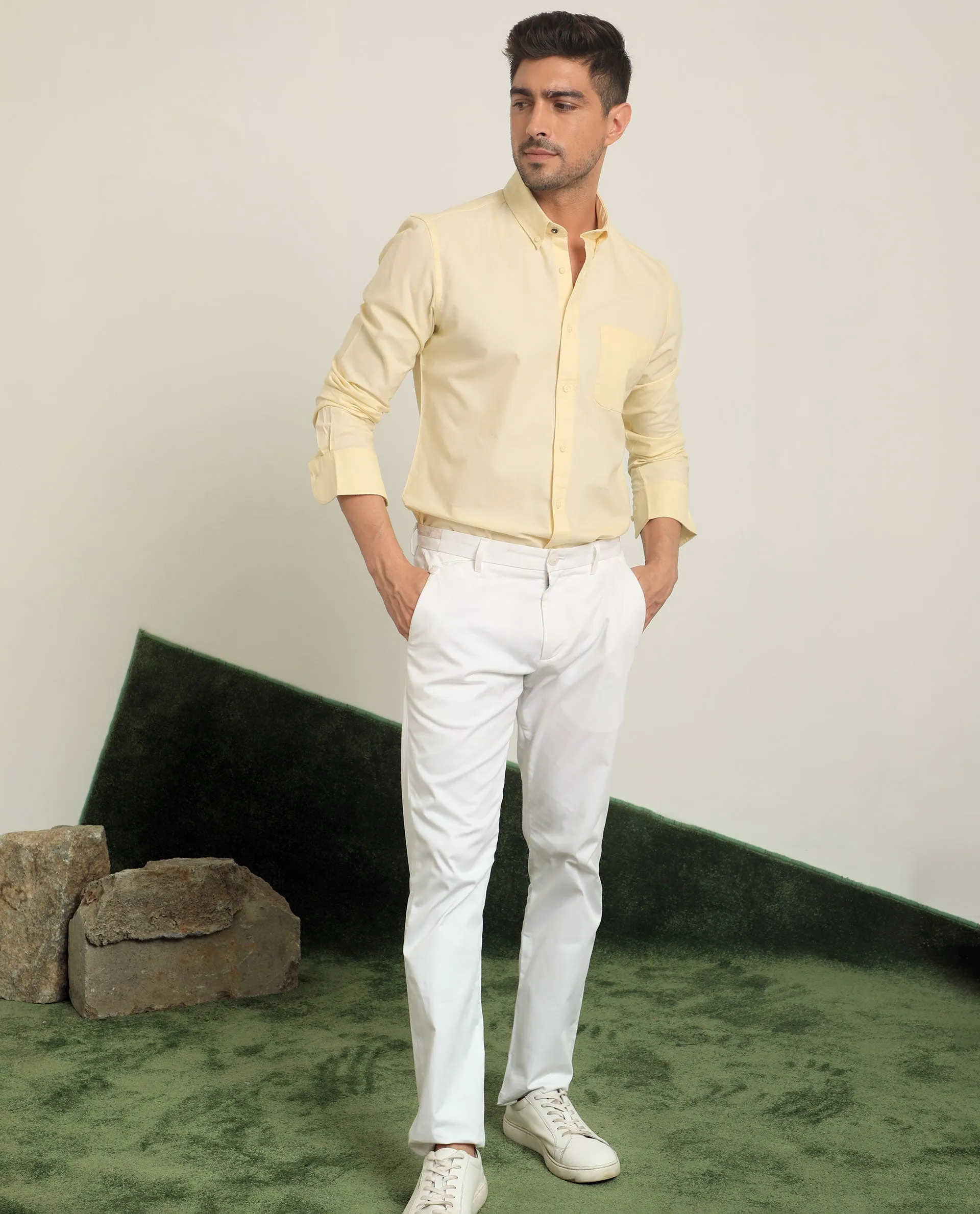 Rare Rabbit Men's Auxfo Light Yellow Cotton Fabric Full Sleeves Solid Shirt
