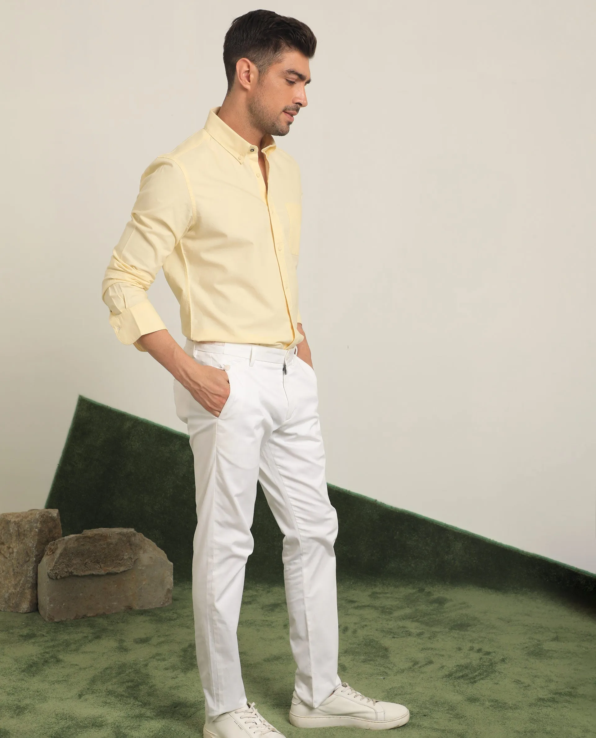 Rare Rabbit Men's Auxfo Light Yellow Cotton Fabric Full Sleeves Solid Shirt