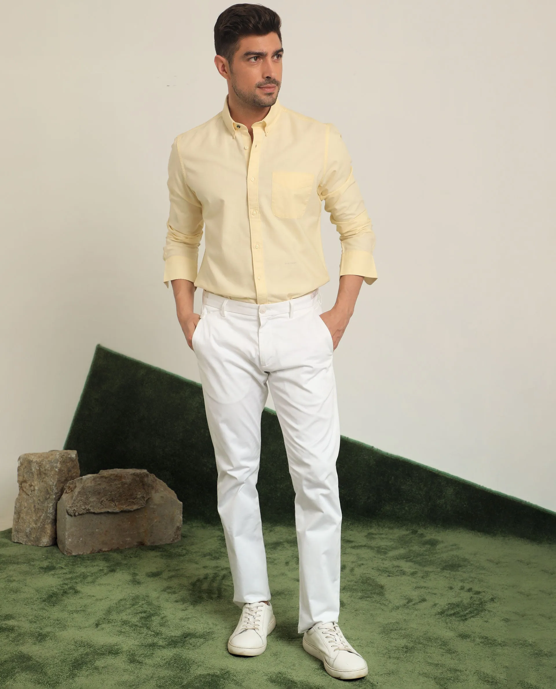 Rare Rabbit Men's Auxfo Light Yellow Cotton Fabric Full Sleeves Solid Shirt