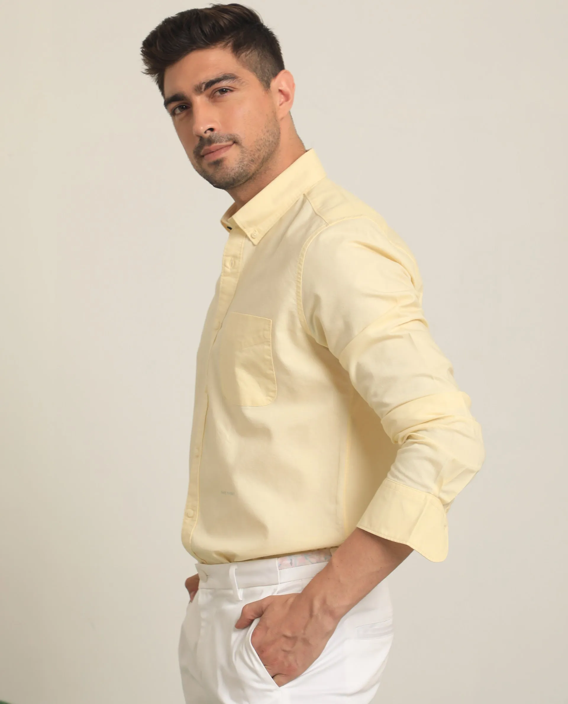 Rare Rabbit Men's Auxfo Light Yellow Cotton Fabric Full Sleeves Solid Shirt