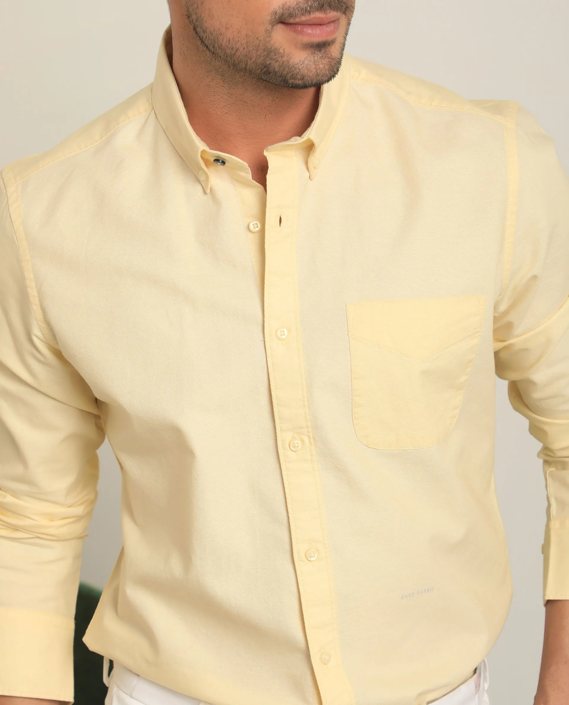 Rare Rabbit Men's Auxfo Light Yellow Cotton Fabric Full Sleeves Solid Shirt