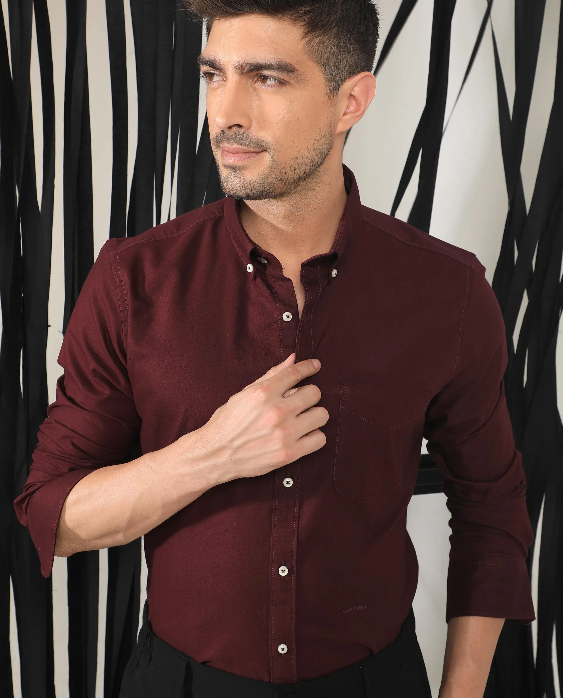 Rare Rabbit Men's Auxfo Maroon Cotton Fabric Full Sleeves Solid Shirt