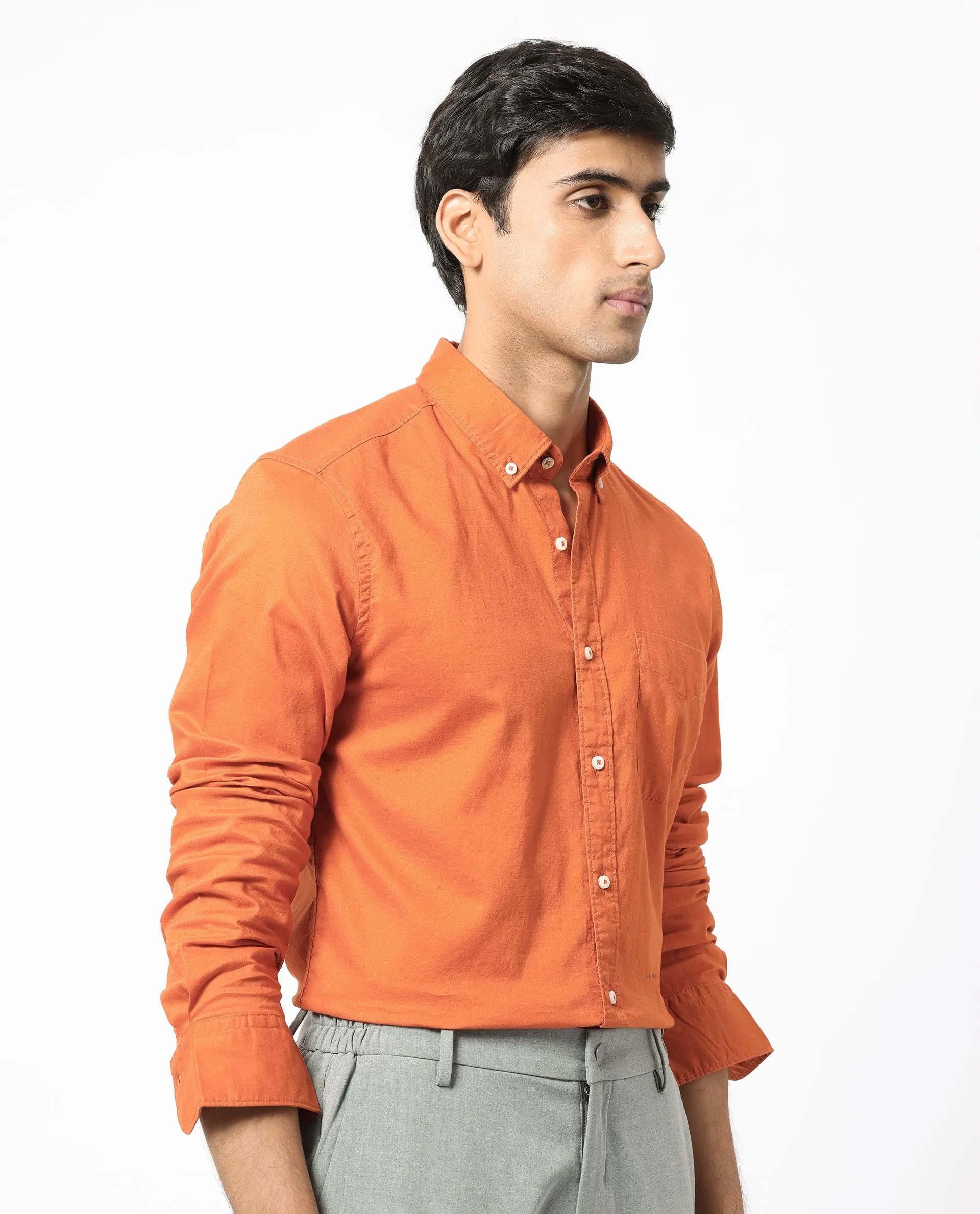 Rare Rabbit Men's Auxfo Orange Cotton Fabric Full Sleeves Solid Shirt