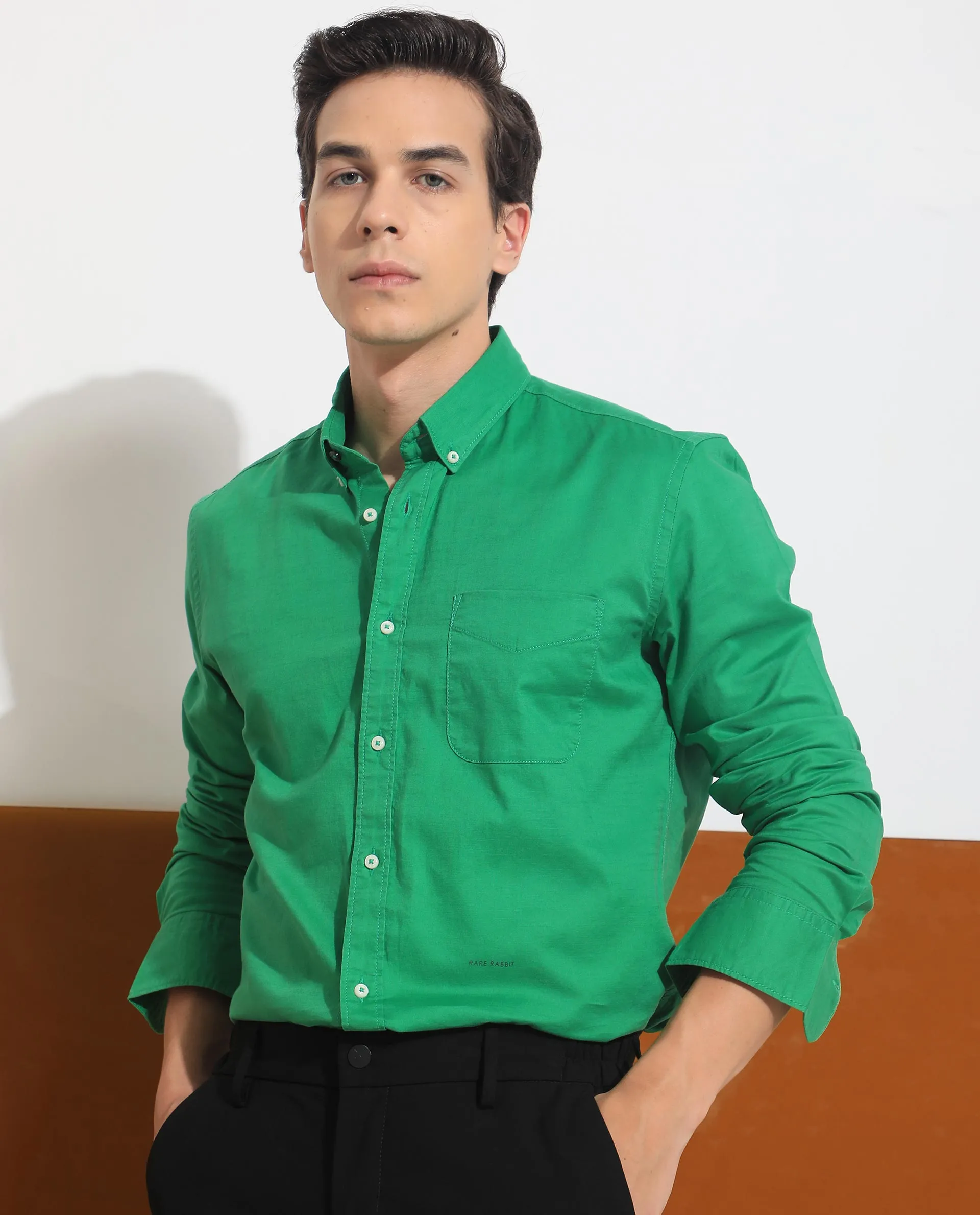 Rare Rabbit Men's Auxfo Pastel Green Cotton Fabric Full Sleeves Solid Shirt