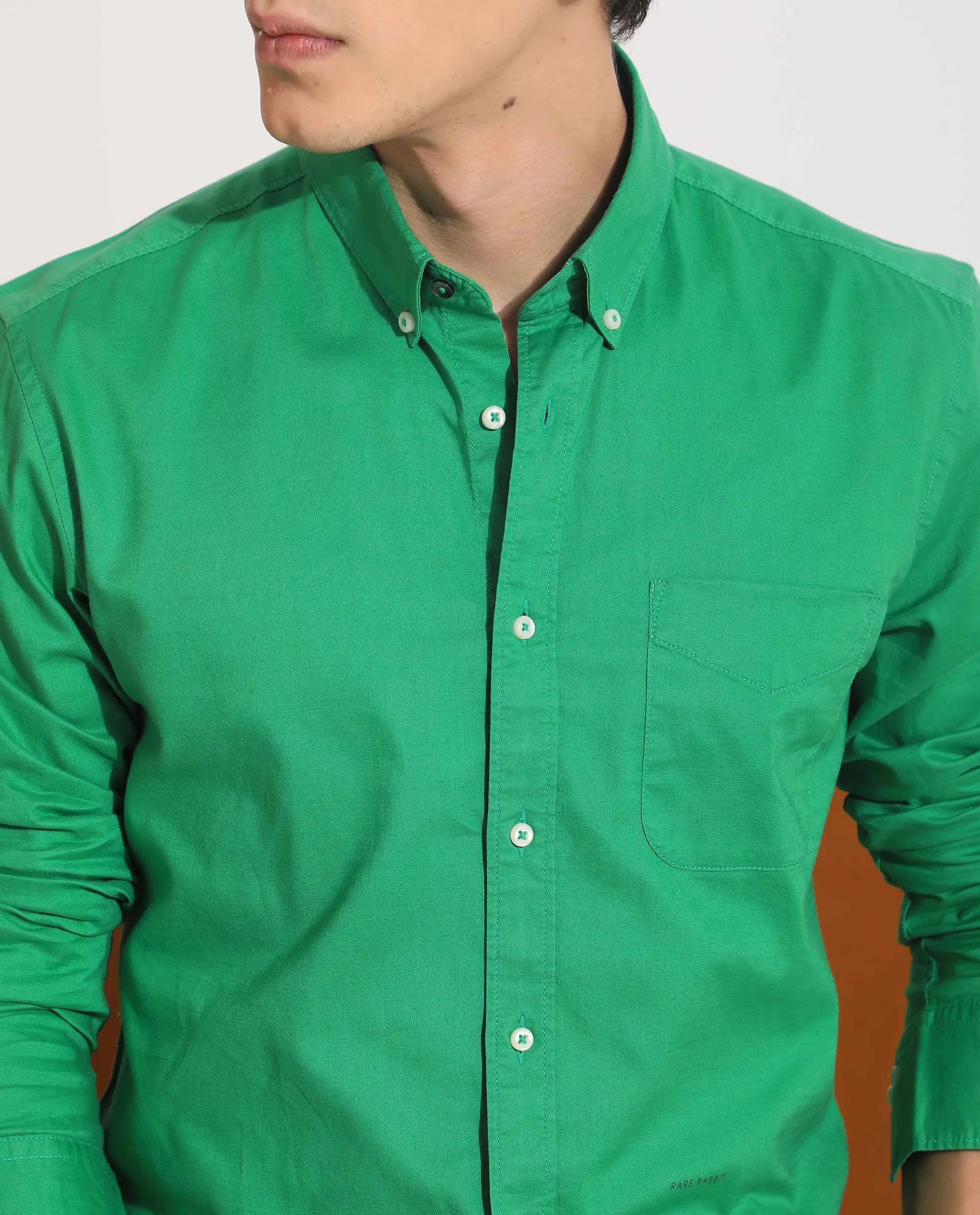 Rare Rabbit Men's Auxfo Pastel Green Cotton Fabric Full Sleeves Solid Shirt