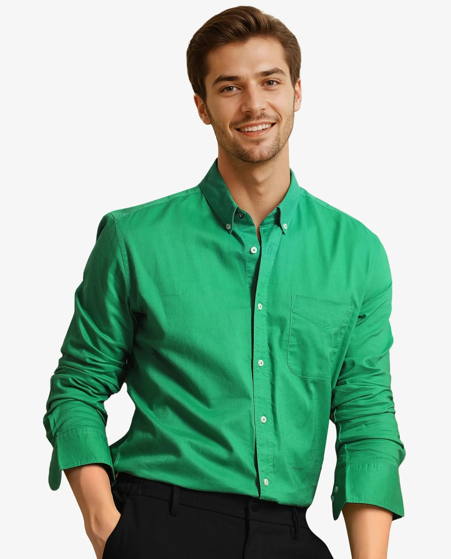 Rare Rabbit Men's Auxfo Pastel Green Cotton Fabric Full Sleeves Solid Shirt