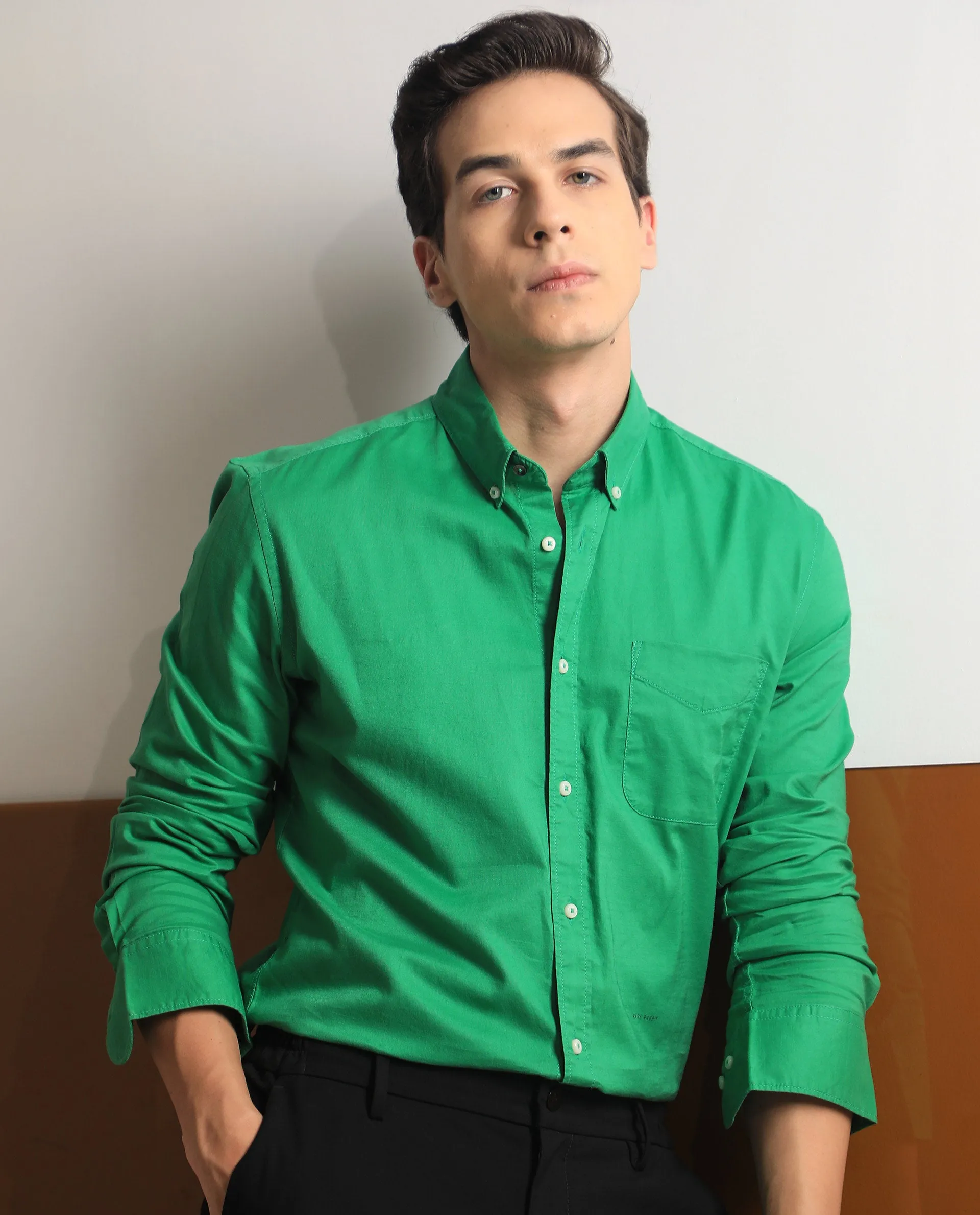 Rare Rabbit Men's Auxfo Pastel Green Cotton Fabric Full Sleeves Solid Shirt