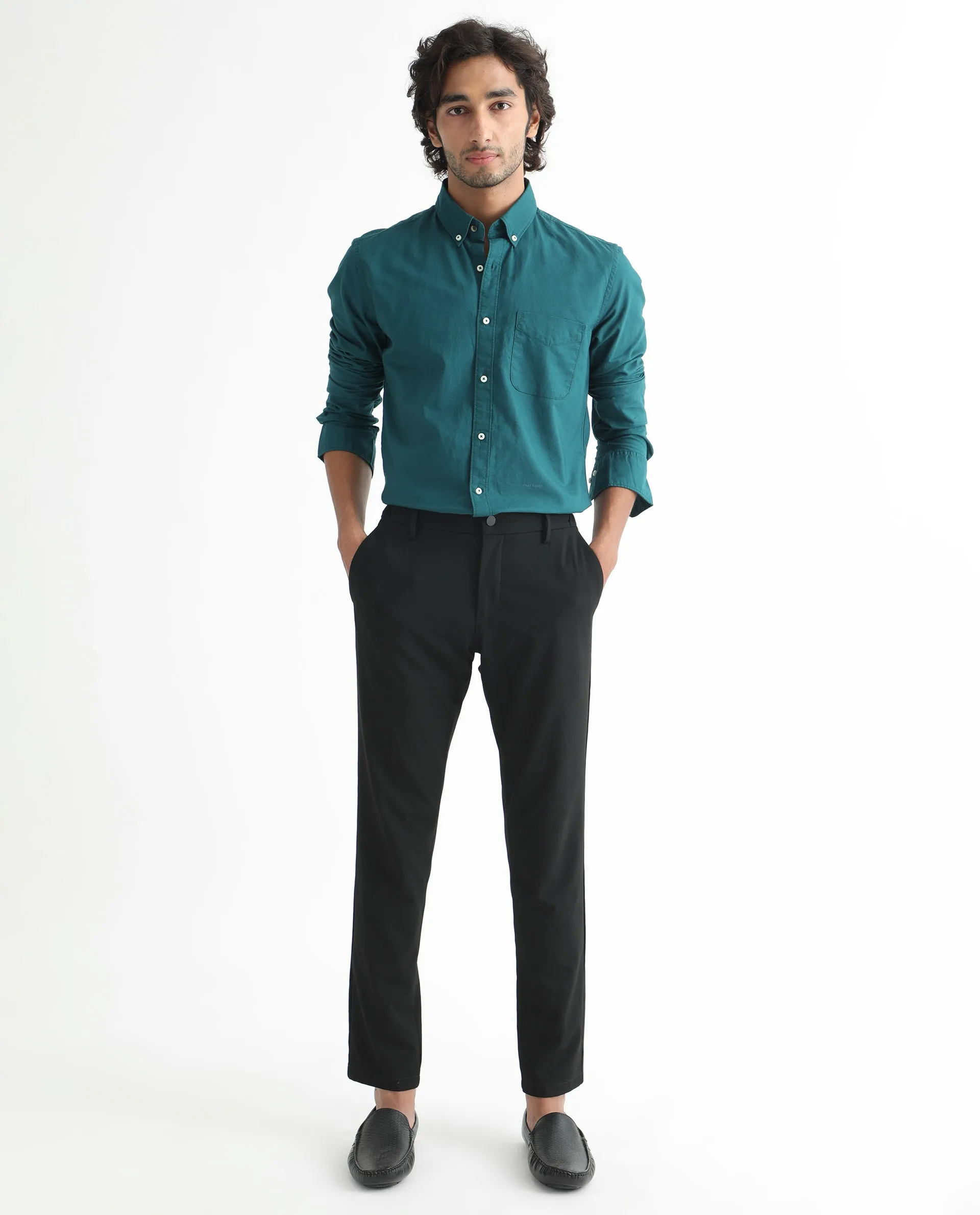 Rare Rabbit Men's Auxfo Petrol Cotton Fabric Full Sleeves Solid Shirt
