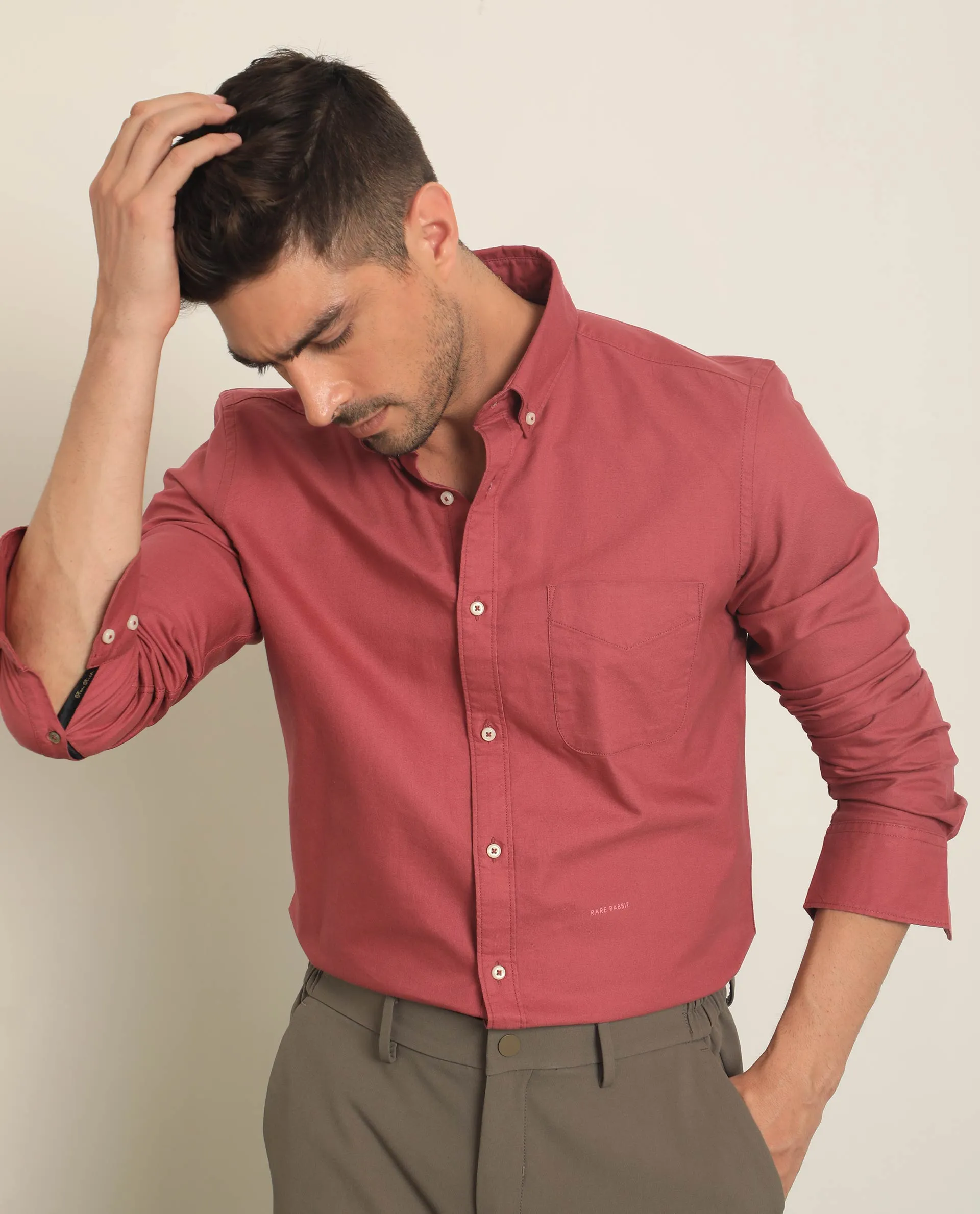 Rare Rabbit Men's Auxfo Pink Cotton Fabric Full Sleeves Solid Shirt