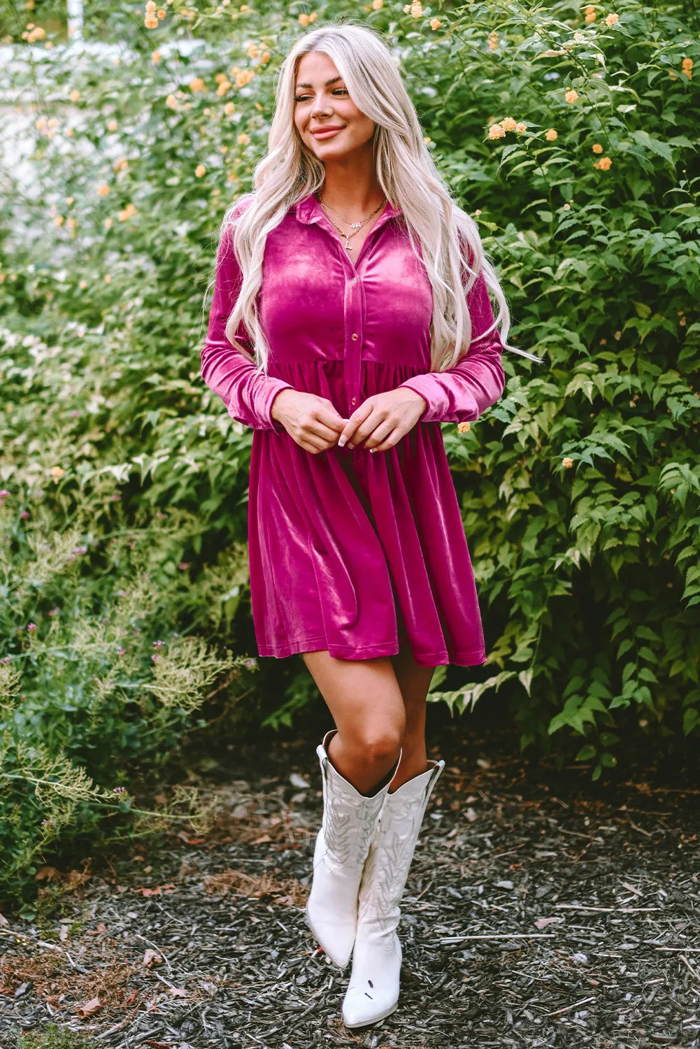 Red Long Sleeve Ruffle Velvet Button Up Dress