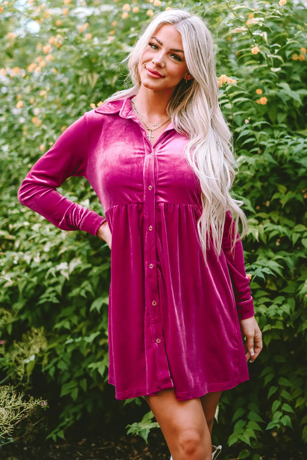 Red Long Sleeve Ruffle Velvet Button Up Dress
