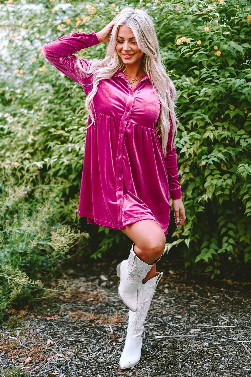 Red Long Sleeve Ruffle Velvet Button Up Dress