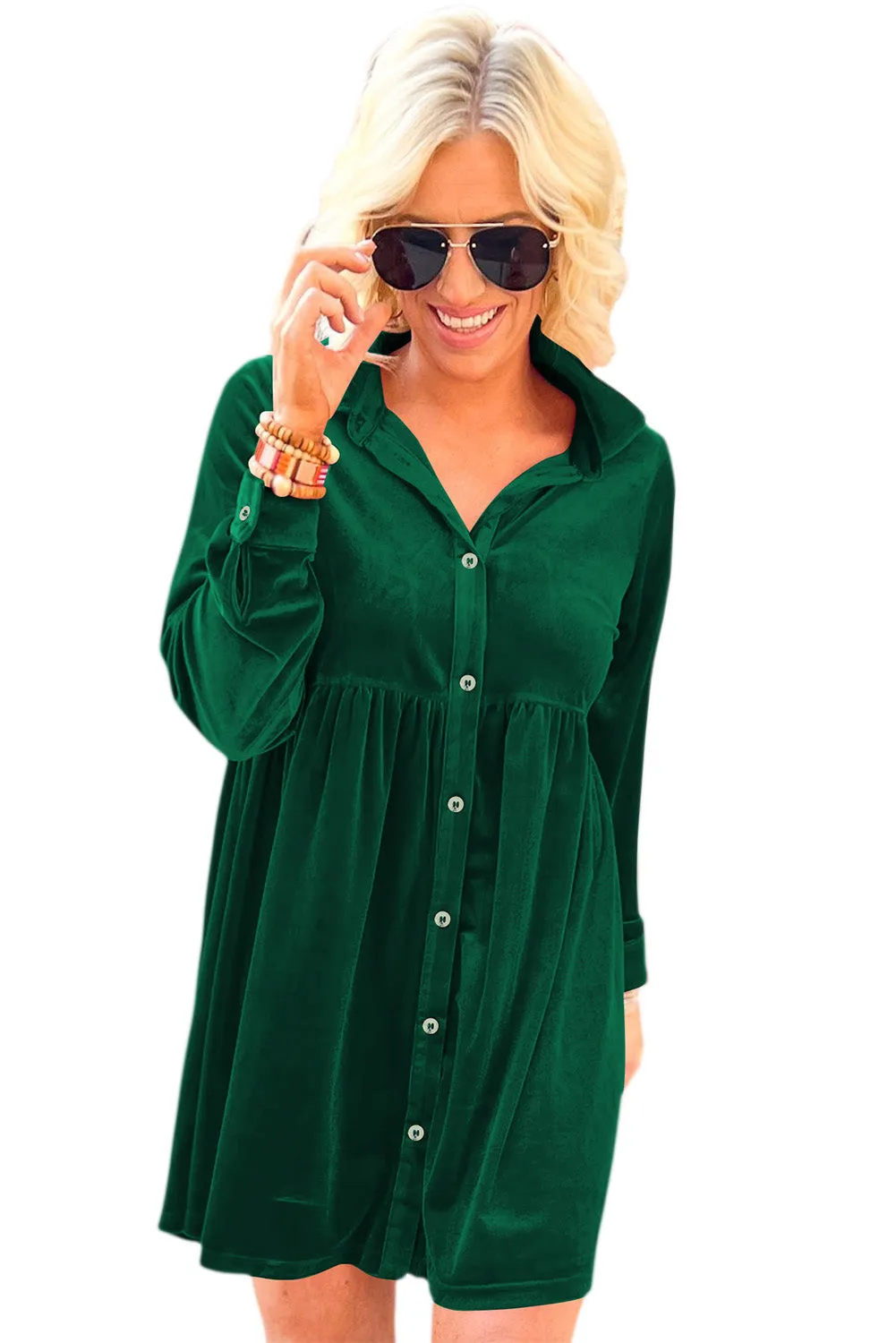 Red Long Sleeve Ruffle Velvet Button Up Dress