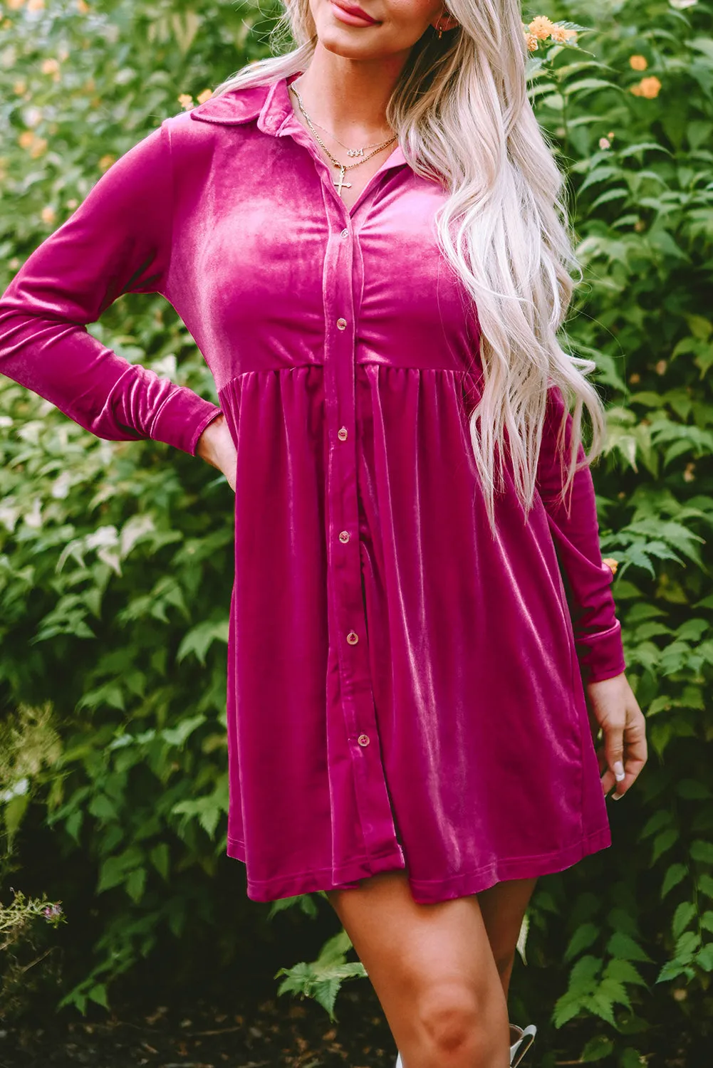 Red Long Sleeve Ruffle Velvet Button Up Dress