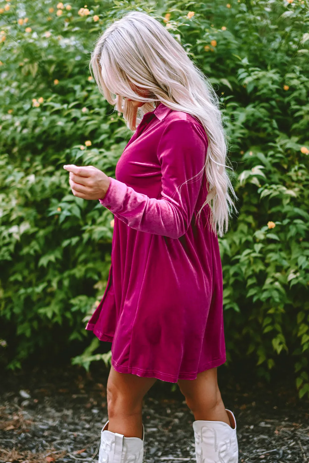 Red Long Sleeve Ruffle Velvet Button Up Dress